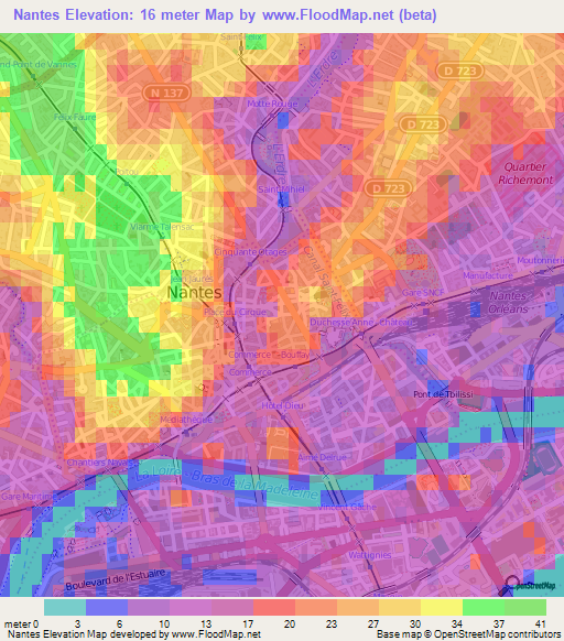 Nantes,France Elevation Map