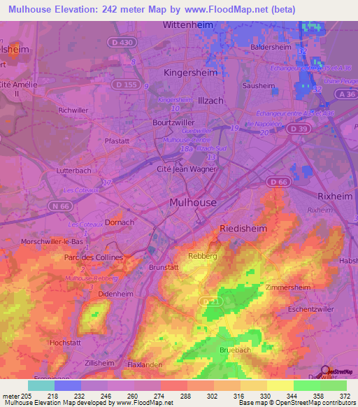 Mulhouse,France Elevation Map