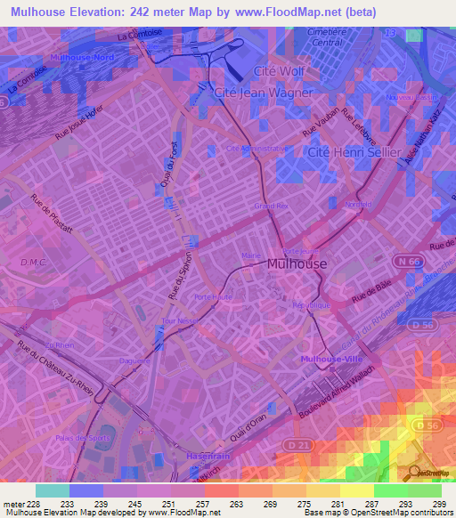 Mulhouse,France Elevation Map