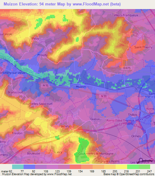 Muizon,France Elevation Map