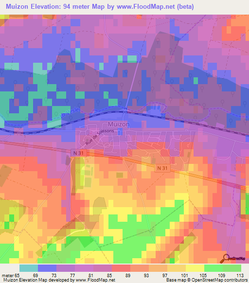 Muizon,France Elevation Map