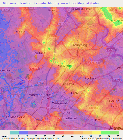 Mouvaux,France Elevation Map