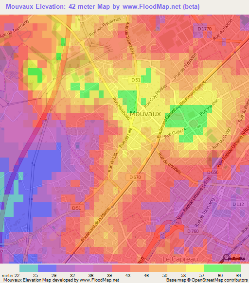 Mouvaux,France Elevation Map