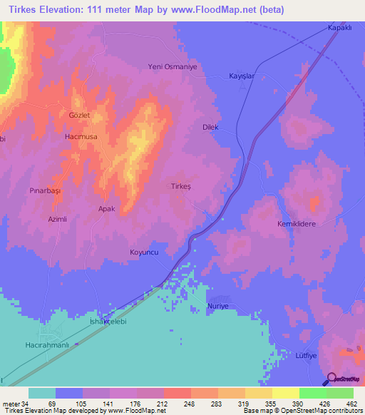 Tirkes,Turkey Elevation Map