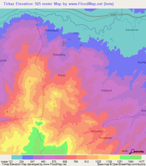 Tirkaz,Turkey Elevation Map