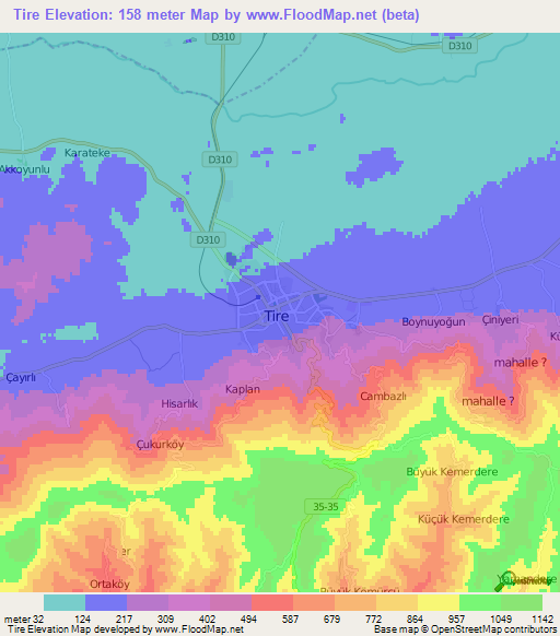 Tire,Turkey Elevation Map