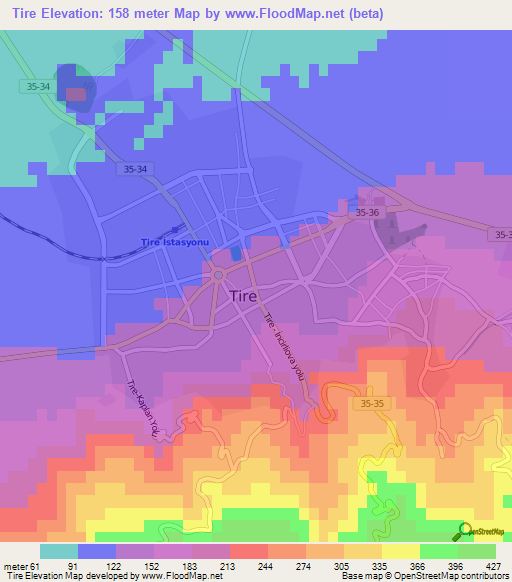 Tire,Turkey Elevation Map