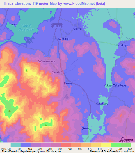 Tiraca,Turkey Elevation Map