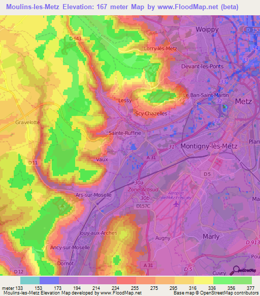 Moulins-les-Metz,France Elevation Map