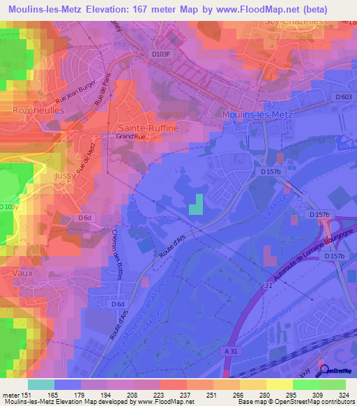 Moulins-les-Metz,France Elevation Map