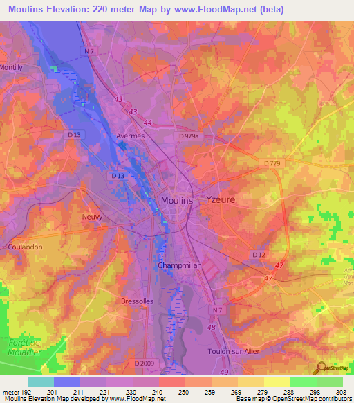 Moulins,France Elevation Map