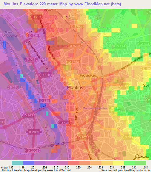 Moulins,France Elevation Map