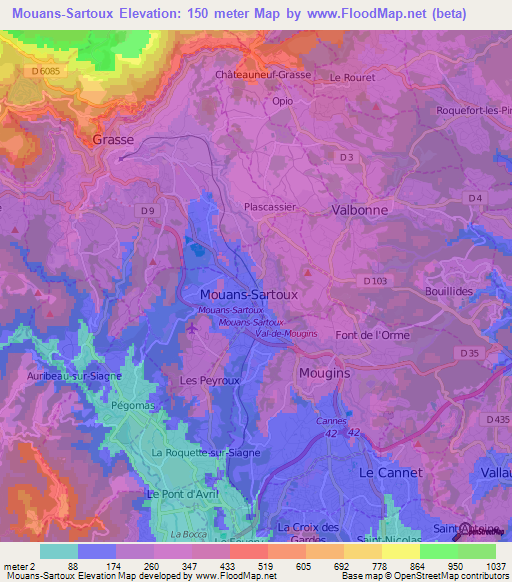 Mouans-Sartoux,France Elevation Map