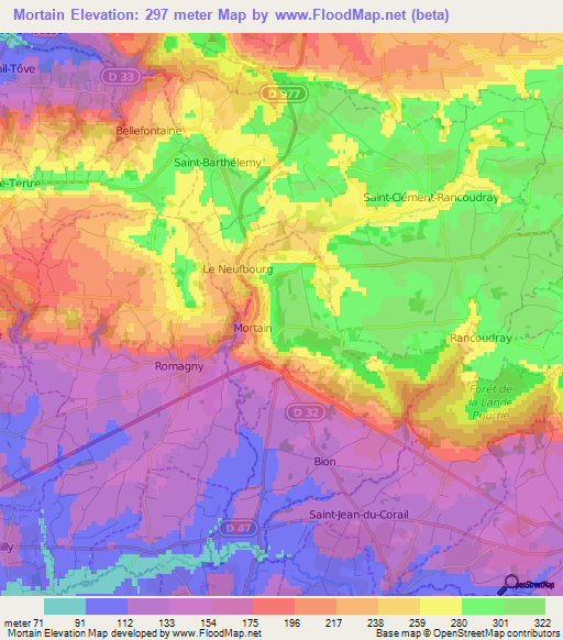 Mortain,France Elevation Map