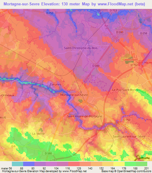 Mortagne-sur-Sevre,France Elevation Map