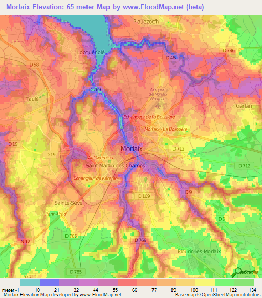 Morlaix,France Elevation Map