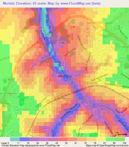 Morlaix,France Elevation Map