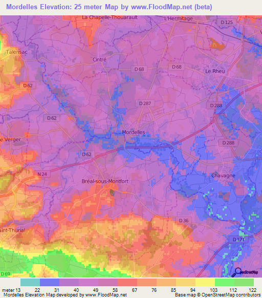 Mordelles,France Elevation Map