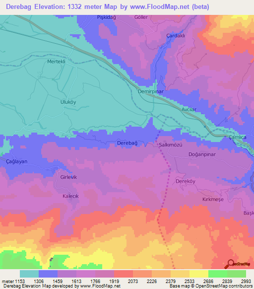 Derebag,Turkey Elevation Map