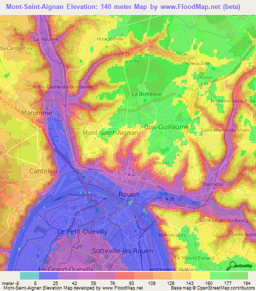 Mont-Saint-Aignan,France Elevation Map