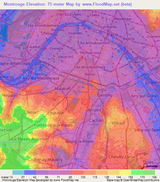 Montrouge,France Elevation Map