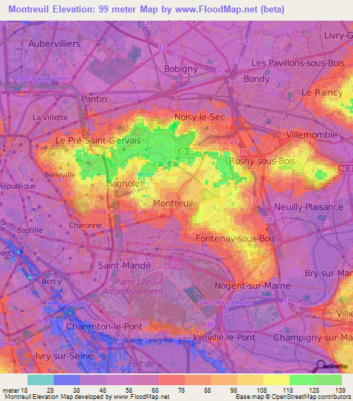 Montreuil,France Elevation Map