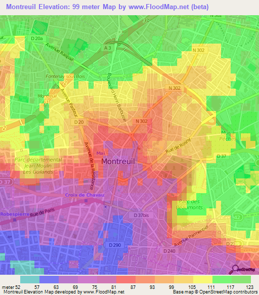 Montreuil,France Elevation Map