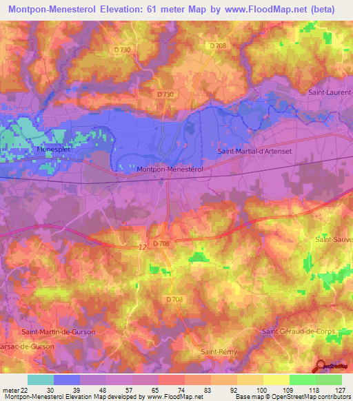 Montpon-Menesterol,France Elevation Map