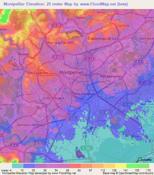 Montpellier,France Elevation Map