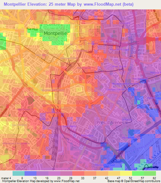 Montpellier,France Elevation Map