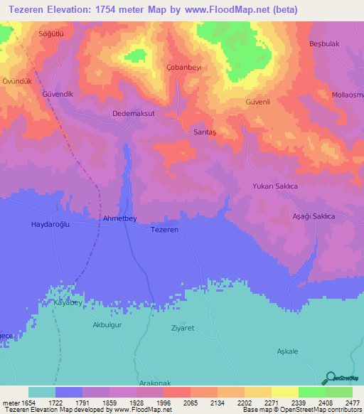 Tezeren,Turkey Elevation Map