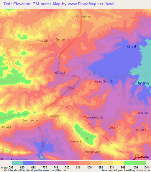 Tetir,Turkey Elevation Map