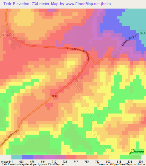 Tetir,Turkey Elevation Map