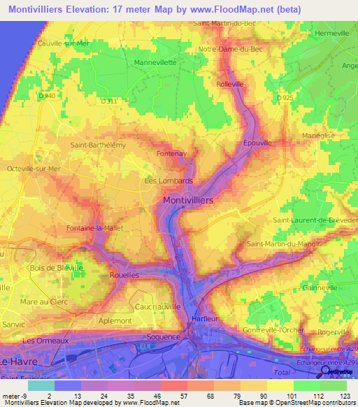 Montivilliers,France Elevation Map