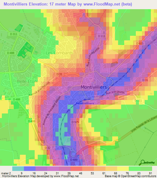 Montivilliers,France Elevation Map