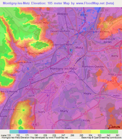 Montigny-les-Metz,France Elevation Map