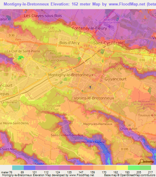 Montigny-le-Bretonneux,France Elevation Map