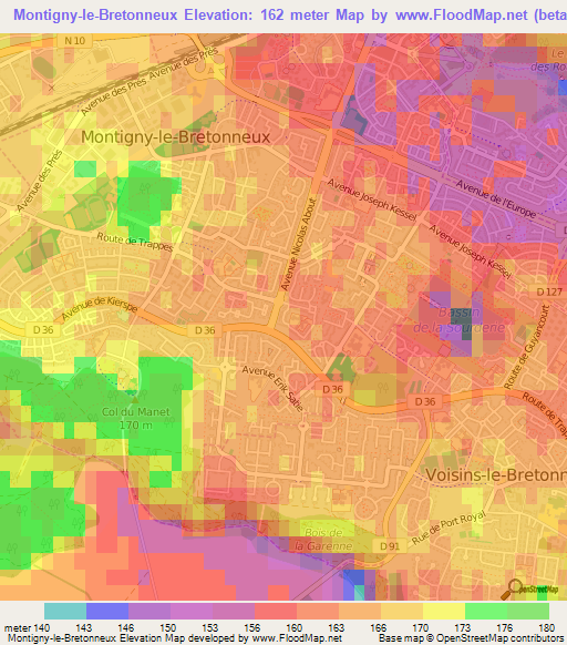 Montigny-le-Bretonneux,France Elevation Map