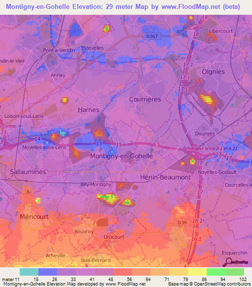 Montigny-en-Gohelle,France Elevation Map