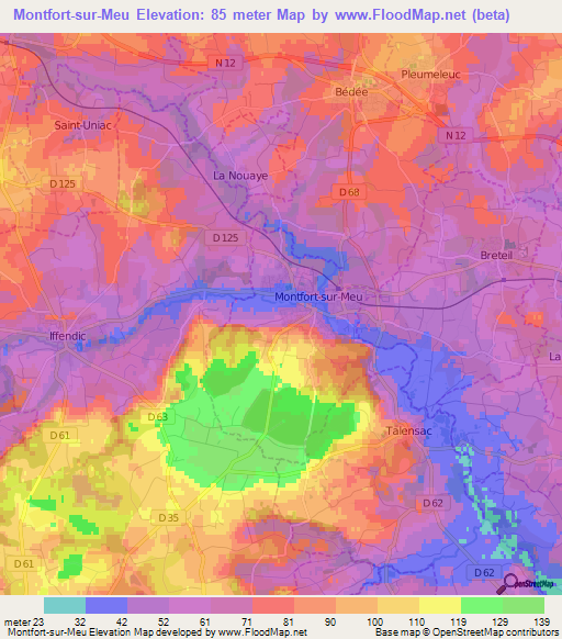 Montfort-sur-Meu,France Elevation Map