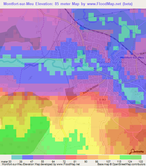 Montfort-sur-Meu,France Elevation Map