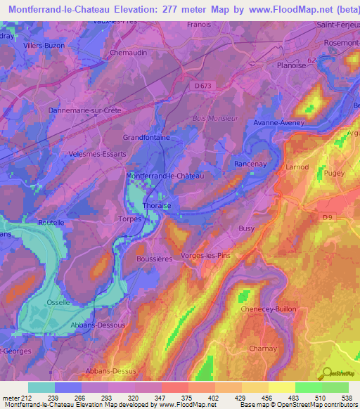 Montferrand-le-Chateau,France Elevation Map