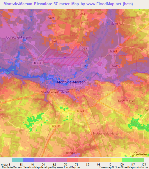 Mont-de-Marsan,France Elevation Map