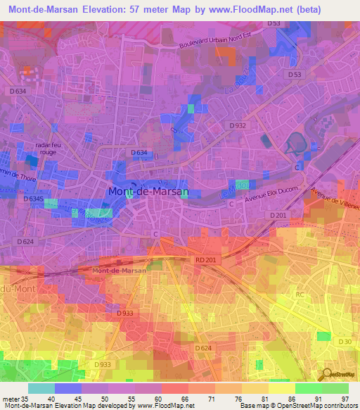 Mont-de-Marsan,France Elevation Map