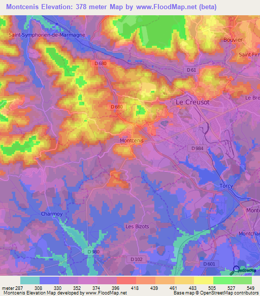 Montcenis,France Elevation Map