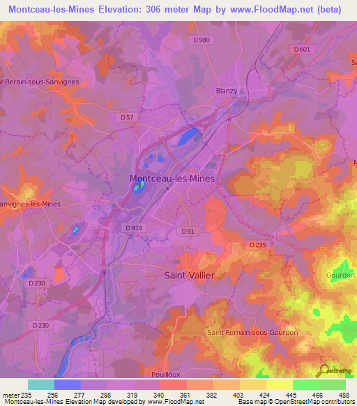 Montceau-les-Mines,France Elevation Map