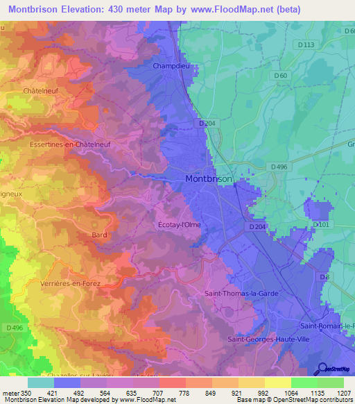 Montbrison,France Elevation Map