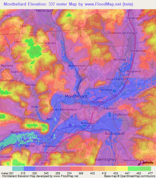 Montbeliard,France Elevation Map