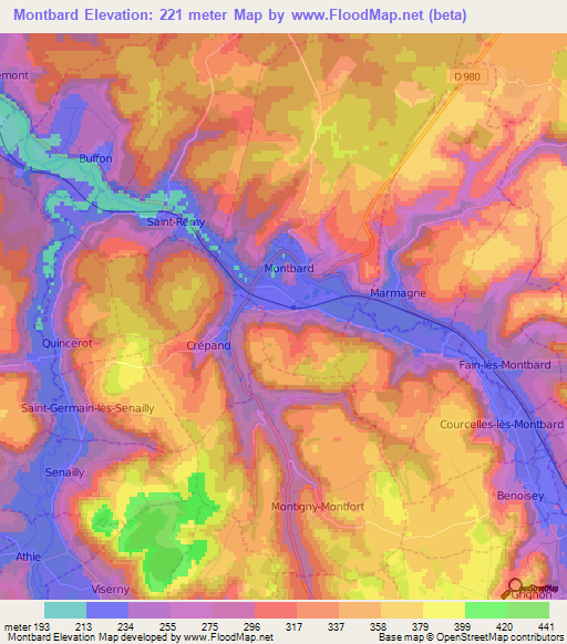 Montbard,France Elevation Map