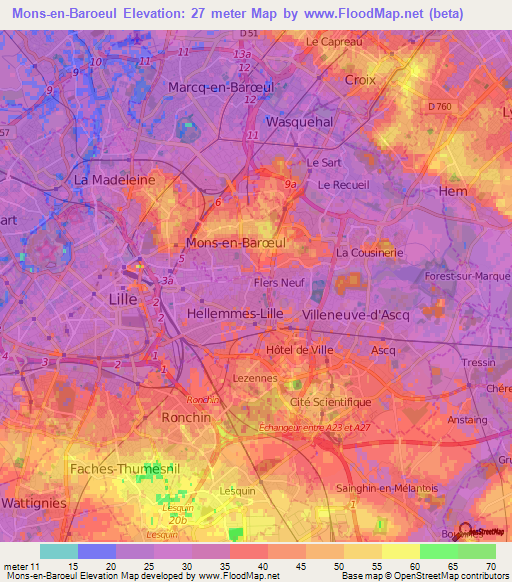 Mons-en-Baroeul,France Elevation Map